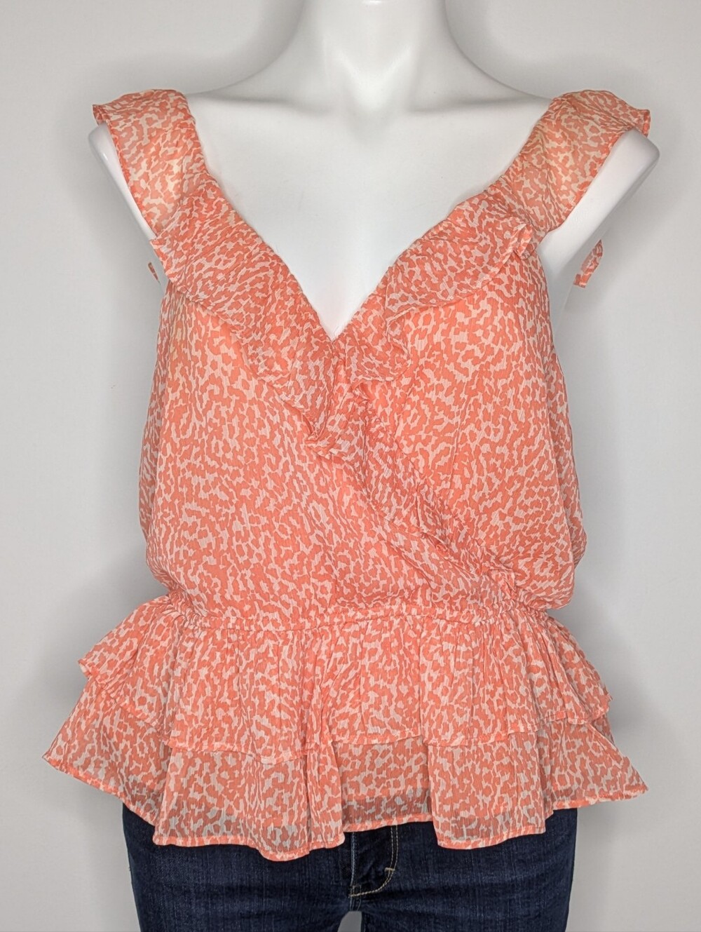 Express Peach White Abstract Chiffon Ruffle V Neck Tank Blouse L